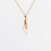 A gold-colored necklace featuring a map of Israel pendant with a gemstone representing Jerusalem.