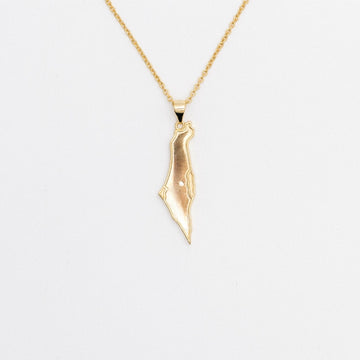 A gold-colored necklace featuring a map of Israel pendant with a gemstone representing Jerusalem.