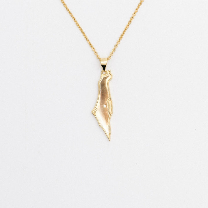 A gold-colored necklace featuring a map of Israel pendant with a gemstone representing Jerusalem.
